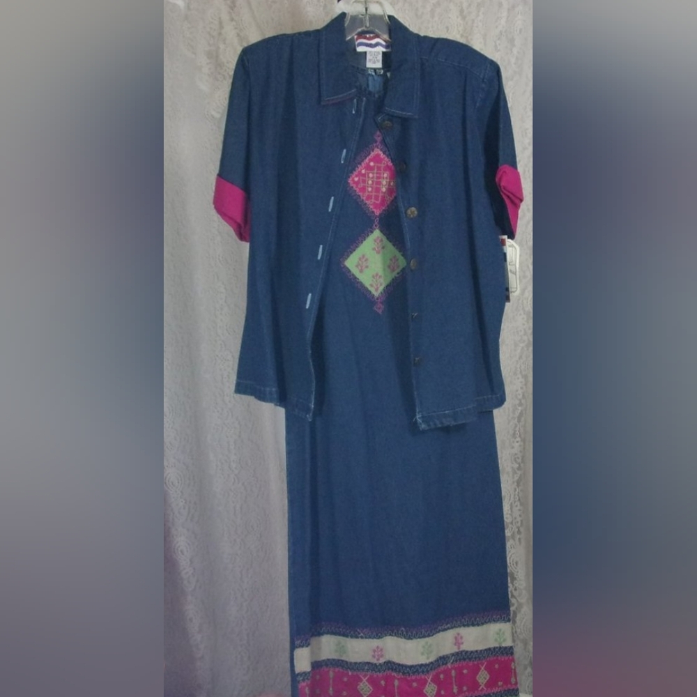 County Wear Jacket Dress Blue Denim Maxi Pink Applique Embellished NWT